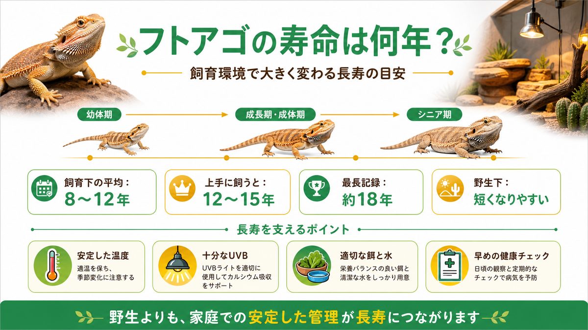 フトアゴの寿命は何年？平均と最長の要点をまとめたカメレオン・爬虫類飼育インフォグラフィック