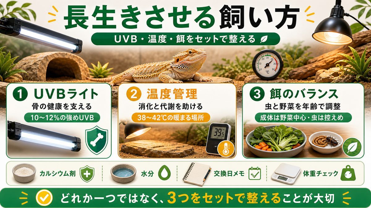 長生きさせる飼い方（UVB・温度・餌）の要点をまとめたカメレオン・爬虫類飼育インフォグラフィック
