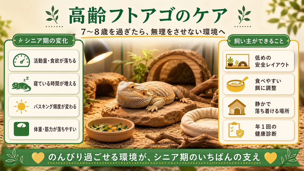 高齢フトアゴのケアの要点をまとめたカメレオン・爬虫類飼育インフォグラフィック