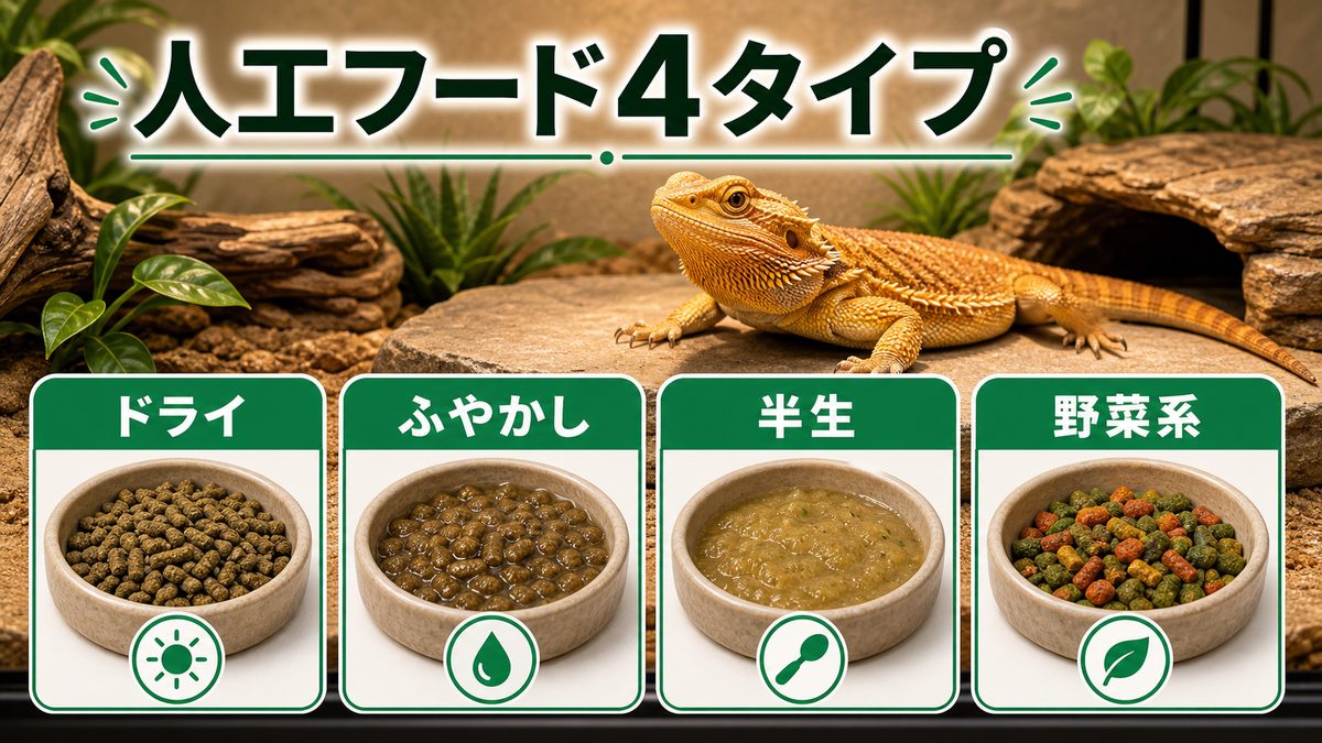 フトアゴの人工フードは4タイプ|まず種類を知るの要点をまとめたカメレオン・爬虫類飼育インフォグラフィック