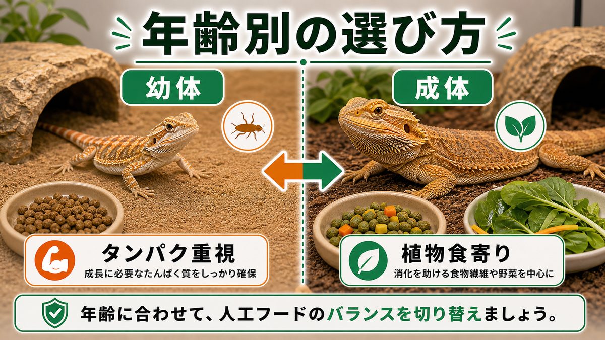 年齢別の正しい選び方|幼体はタンパク・成体は植物食寄りの要点をまとめたカメレオン・爬虫類飼育インフォグラフィック
