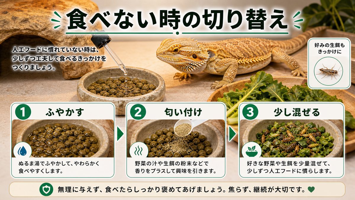 食べない時の切り替え術|ふやかす・匂い付け・虫と混ぜるの要点をまとめたカメレオン・爬虫類飼育インフォグラフィック