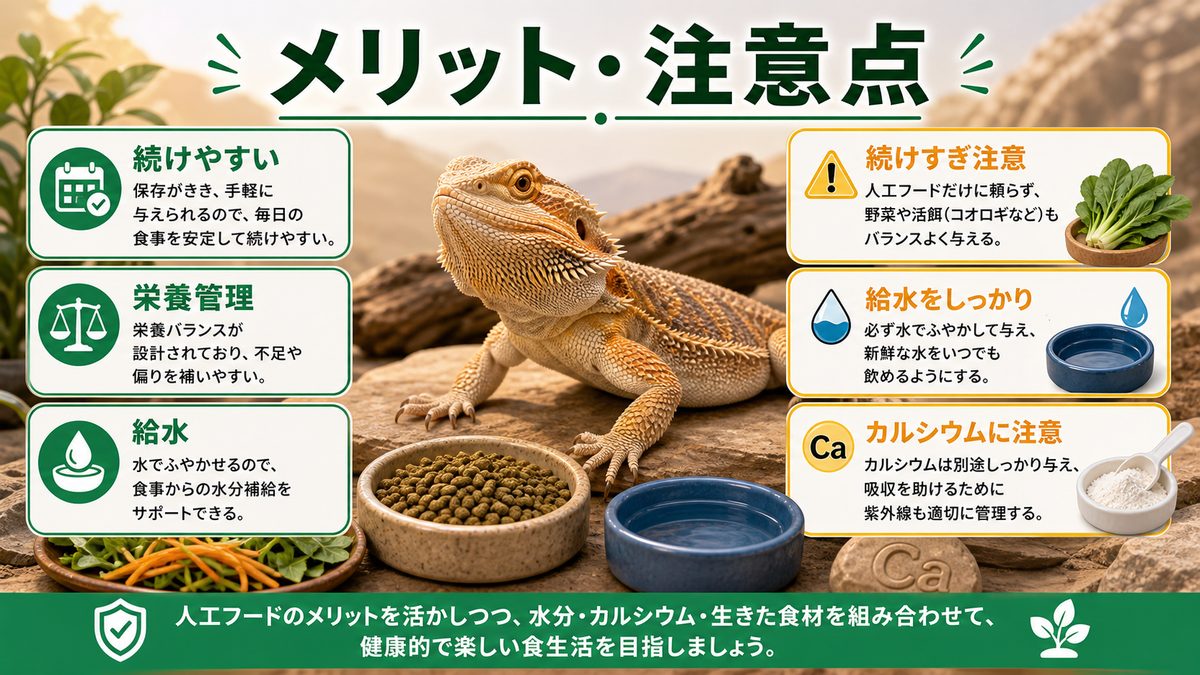 人工フードのメリット・デメリット|給水とカルシウムの注意点の要点をまとめたカメレオン・爬虫類飼育インフォグラフィック