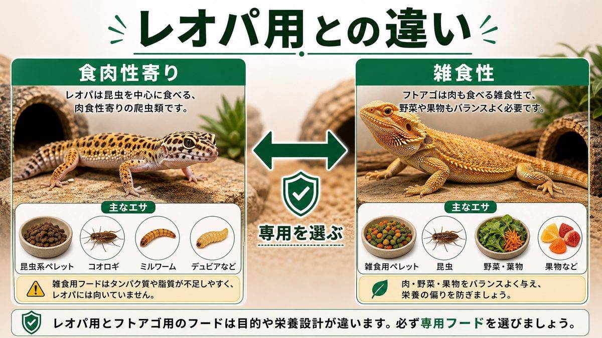 レオパ用とフトアゴ用の違い|食肉性 vs 雑食性を間違えないの要点をまとめたカメレオン・爬虫類飼育インフォグラフィック