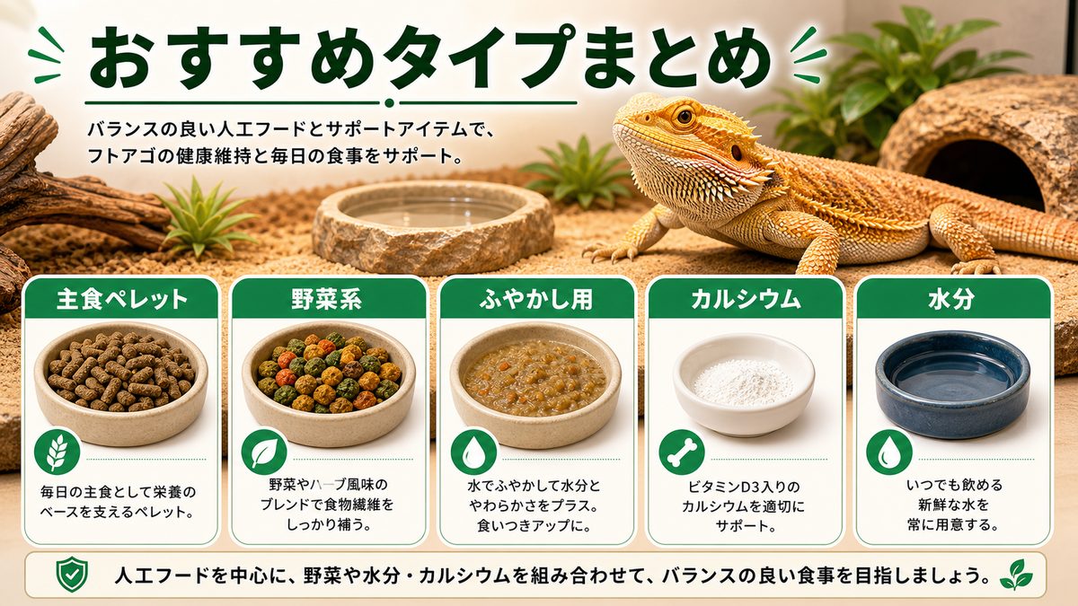 フトアゴの人工フードおすすめアイテムまとめの要点をまとめたカメレオン・爬虫類飼育インフォグラフィック