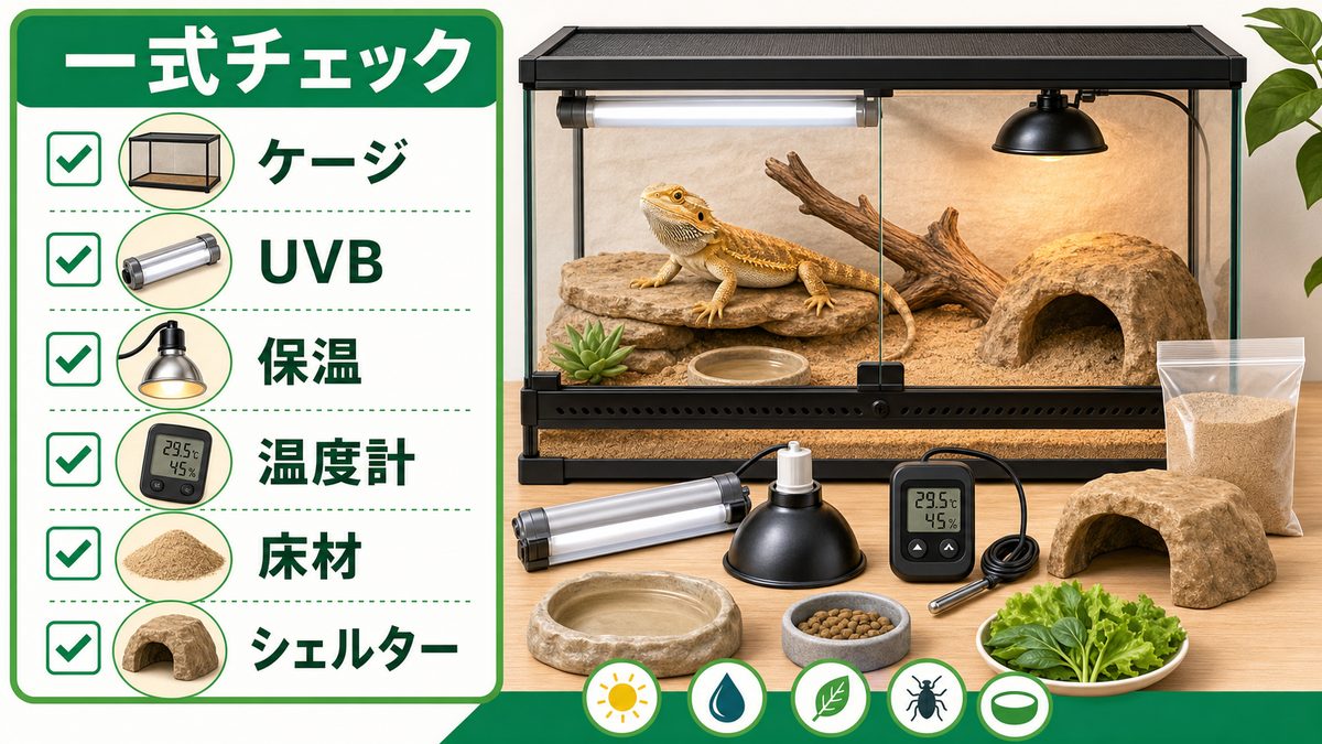 フトアゴの飼育に必要なもの一式チェックリストの要点をまとめたカメレオン・爬虫類飼育インフォグラフィック