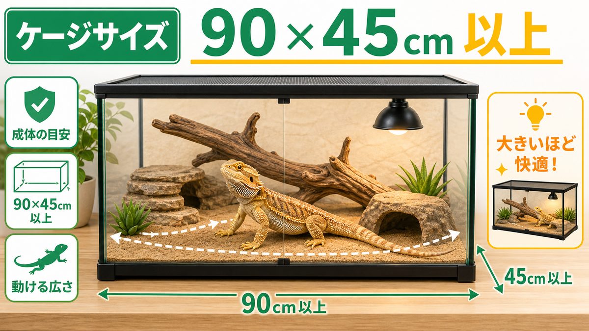 ケージは「90×45cm以上」が成体のスタンダードの要点をまとめたカメレオン・爬虫類飼育インフォグラフィック