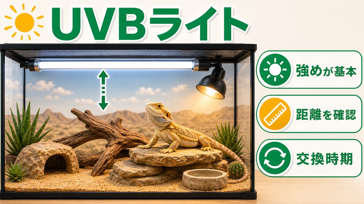 UVBライトは「強め」が鉄則。砂漠種ゆえのこだわりどころの要点をまとめたカメレオン・爬虫類飼育インフォグラフィック