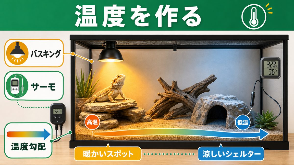 バスキングライトとサーモスタットで温度を作るの要点をまとめたカメレオン・爬虫類飼育インフォグラフィック