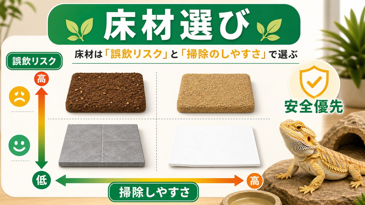 床材は「誤飲リスク」と「掃除のしやすさ」で選ぶの要点をまとめたカメレオン・爬虫類飼育インフォグラフィック