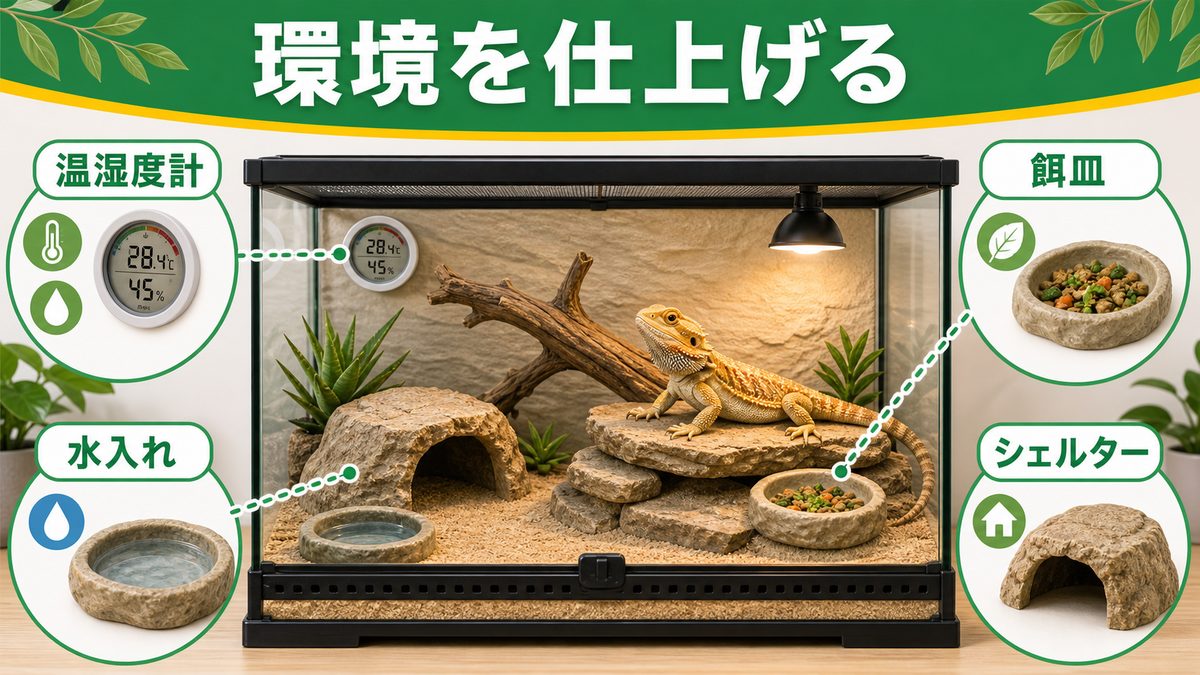 温湿度計・餌皿・水入れ・シェルターで環境を仕上げるの要点をまとめたカメレオン・爬虫類飼育インフォグラフィック