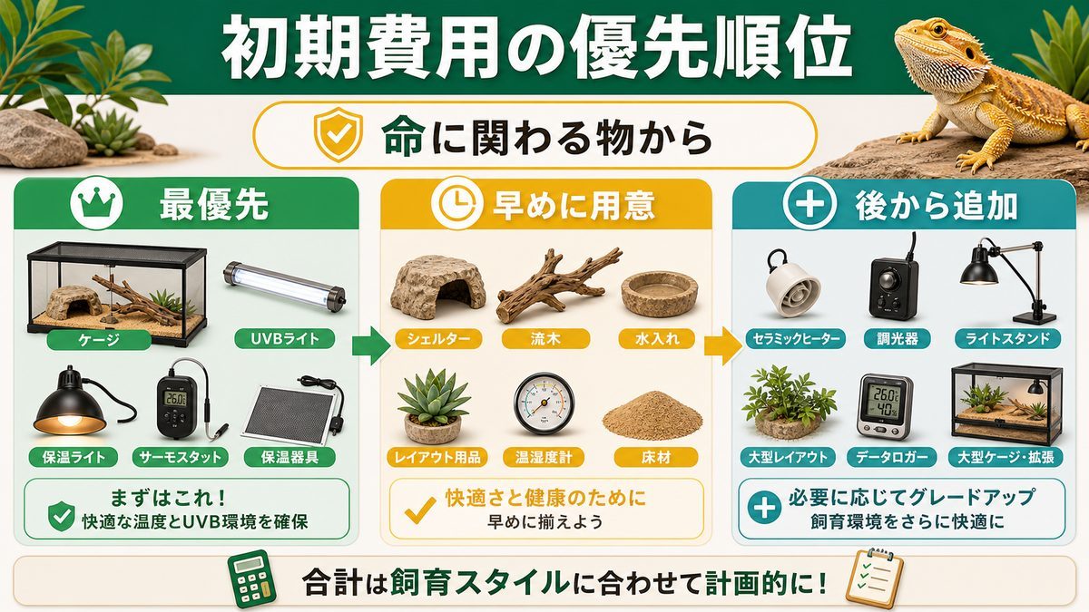 初期費用の合計と、優先順位の付け方の要点をまとめたカメレオン・爬虫類飼育インフォグラフィック