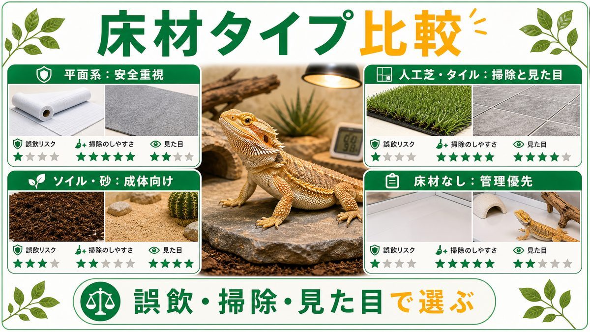フトアゴの床材8種類を一覧比較の要点をまとめたカメレオン・爬虫類飼育インフォグラフィック