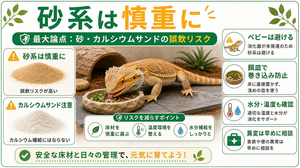 最大論点：砂・カルシウムサンドの誤飲（インパクション）リスクの要点をまとめたカメレオン・爬虫類飼育インフォグラフィック