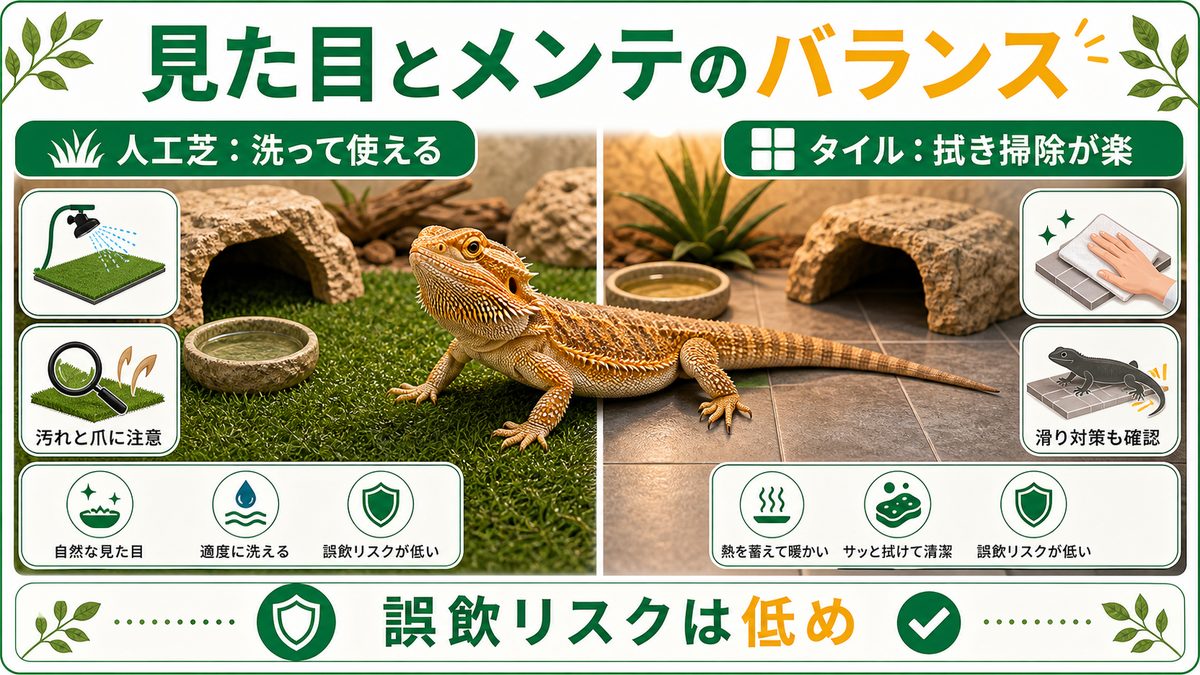 見た目とメンテのバランス型：人工芝・タイルの要点をまとめたカメレオン・爬虫類飼育インフォグラフィック