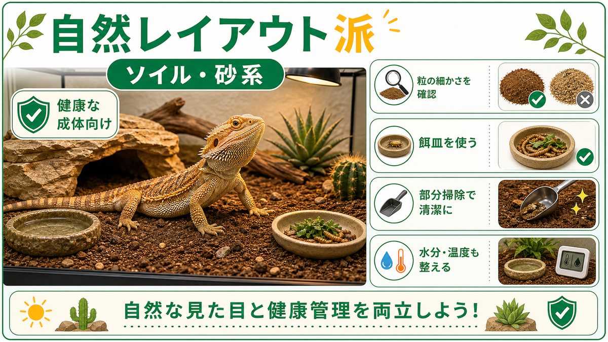 自然な見た目重視派：ソイル・砂系の使いこなしの要点をまとめたカメレオン・爬虫類飼育インフォグラフィック