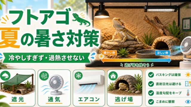 フトアゴの夏の暑さ対策完全ガイド！砂漠の生き物でも油断できない高温管理の要点を伝えるカメレオン・爬虫類記事アイキャッチ画像