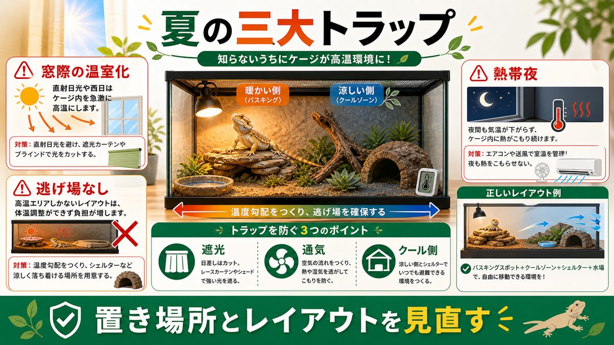 三大トラップ：窓際の温室化・熱帯夜・逃げ場のないレイアウトの要点をまとめたカメレオン・爬虫類飼育インフォグラフィック