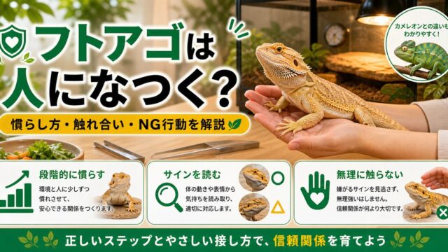 フトアゴヒゲトカゲは人になつく？慣らし方とハンドリングのコツを徹底解説の要点を伝えるカメレオン・爬虫類記事アイキャッチ画像