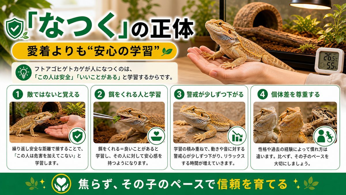 フトアゴは本当に「なつく」の？爬虫類の慣れの正体の要点をまとめたカメレオン・爬虫類飼育インフォグラフィック