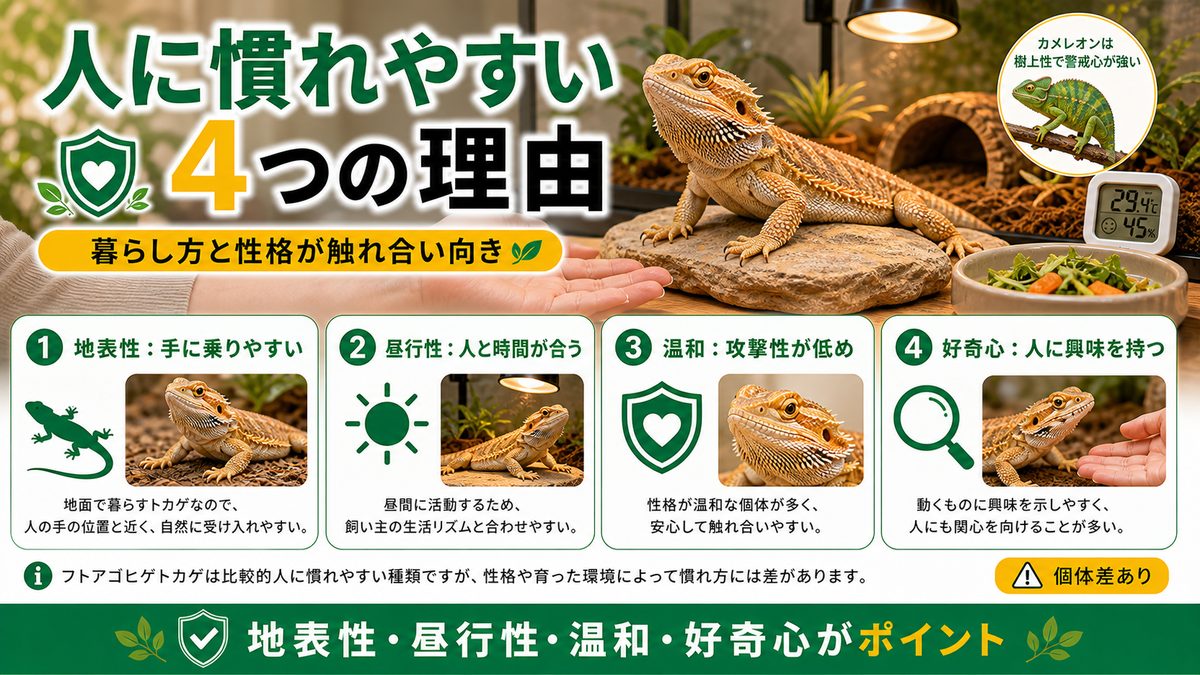 フトアゴが人によく慣れる理由の要点をまとめたカメレオン・爬虫類飼育インフォグラフィック