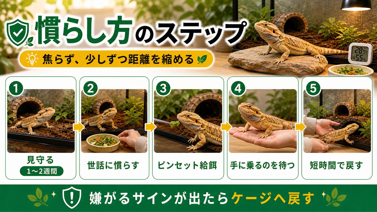 慣らし方のステップの要点をまとめたカメレオン・爬虫類飼育インフォグラフィック