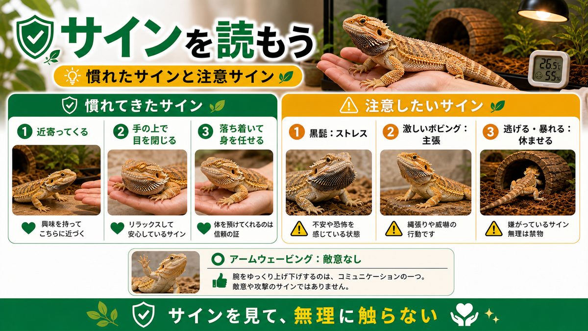 慣れのサインとボディランゲージ（アームウェービング等）の要点をまとめたカメレオン・爬虫類飼育インフォグラフィック