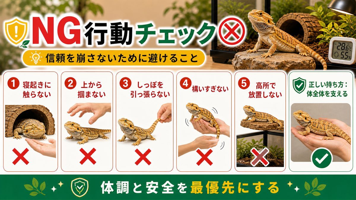 やってはいけないNG行動の要点をまとめたカメレオン・爬虫類飼育インフォグラフィック