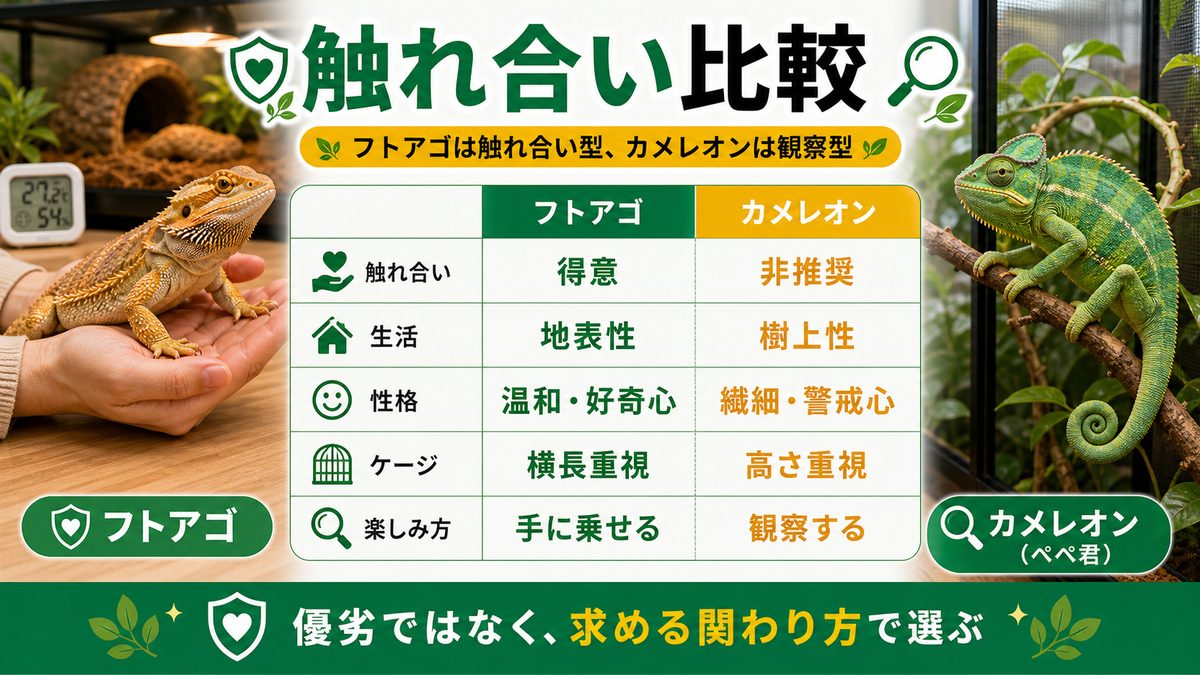 カメレオン（ぺぺ君）との違い・触れ合い比較の要点をまとめたカメレオン・爬虫類飼育インフォグラフィック