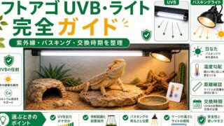 フトアゴのUVB・ライトの選び方完全ガイド！紫外線・バスキングの正解とおすすめの要点を伝えるカメレオン・爬虫類記事アイキャッチ画像