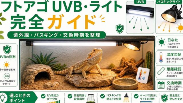 フトアゴのUVB・ライトの選び方完全ガイド！紫外線・バスキングの正解とおすすめの要点を伝えるカメレオン・爬虫類記事アイキャッチ画像