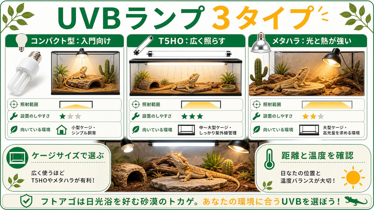 UVBランプ3タイプの違いと選び方の要点をまとめたカメレオン・爬虫類飼育インフォグラフィック
