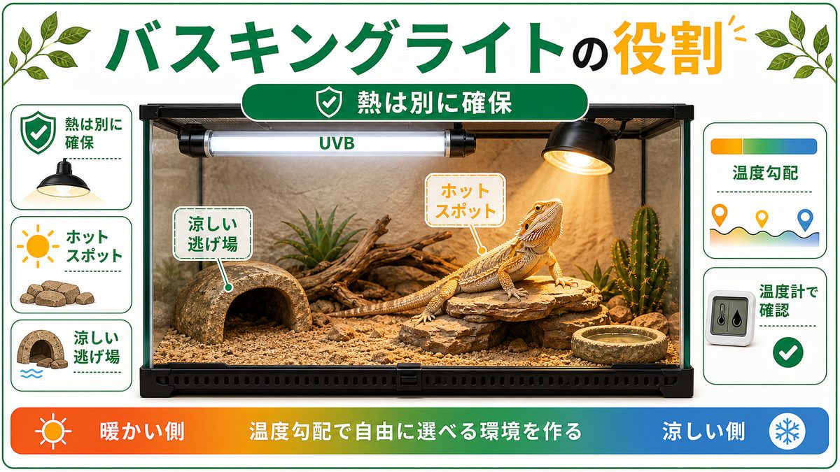 バスキングライトでホットスポット40〜45℃を作るの要点をまとめたカメレオン・爬虫類飼育インフォグラフィック