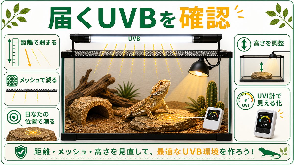 設置距離・メッシュ越しの減衰・UVI計測の話の要点をまとめたカメレオン・爬虫類飼育インフォグラフィック