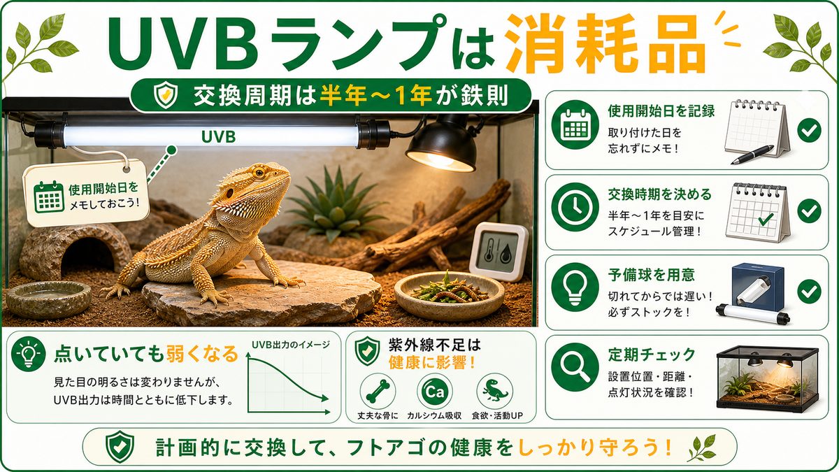 UVBランプの交換周期は半年〜1年が鉄則の要点をまとめたカメレオン・爬虫類飼育インフォグラフィック