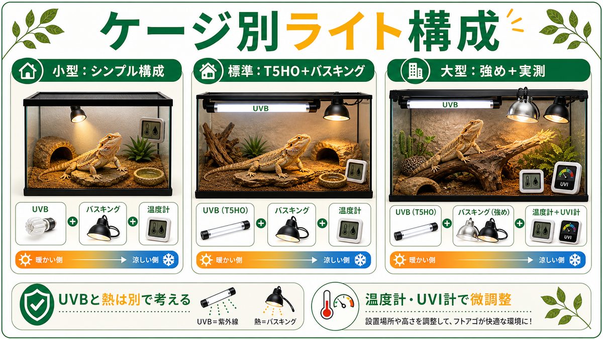 ケージサイズ別・おすすめライト構成の要点をまとめたカメレオン・爬虫類飼育インフォグラフィック