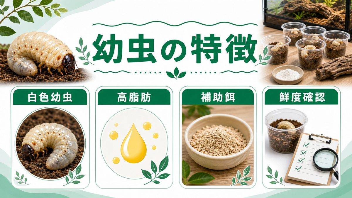 コガネムシ幼虫（白色幼虫）とは？種類・生態・日本で採れる種の紹介の要点をまとめたカメレオン・爬虫類飼育インフォグラフィック