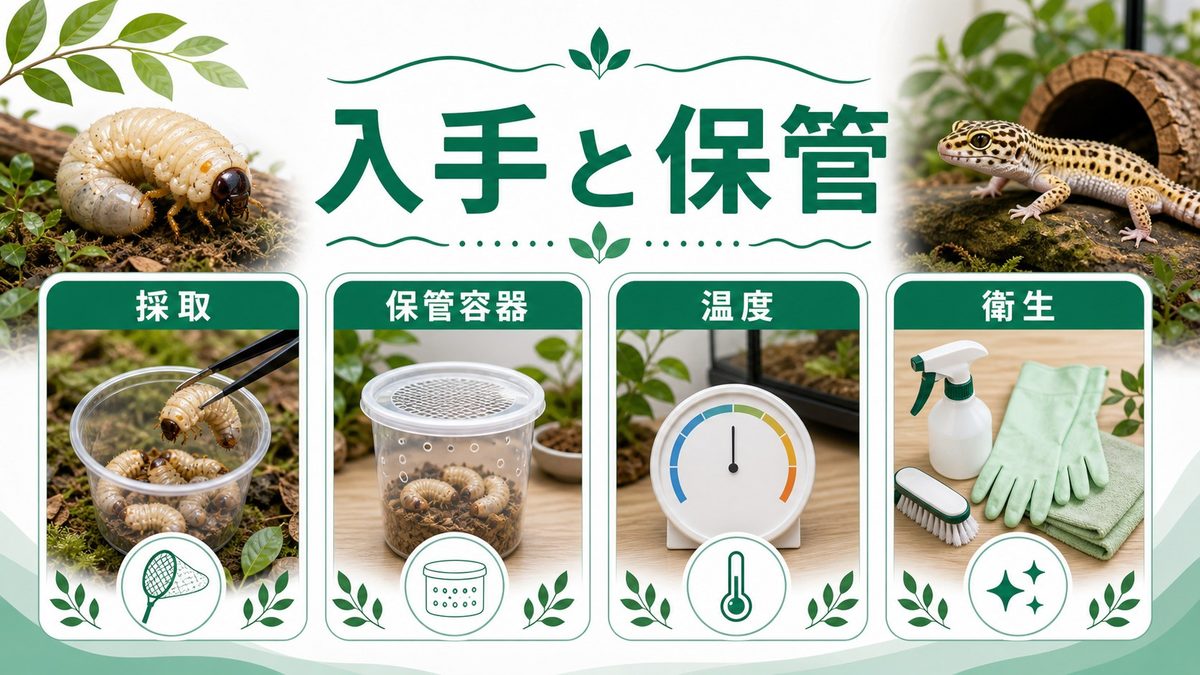 コガネムシ幼虫の採取・入手と保管方法🌱の要点をまとめたカメレオン・爬虫類飼育インフォグラフィック