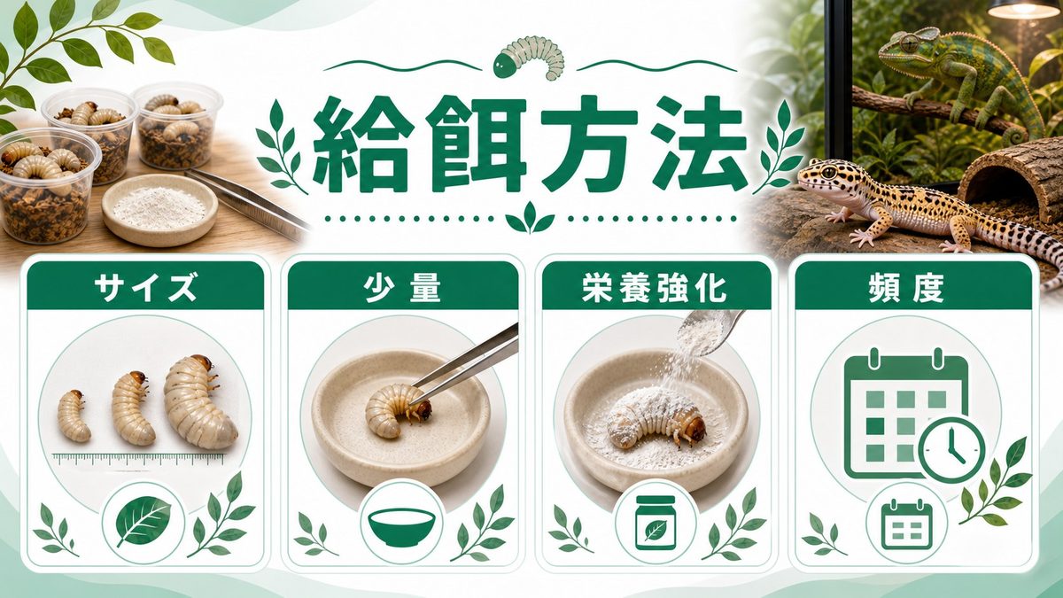 給餌方法と注意点🍽️｜サイズ選び・ダスティング・頻度の要点をまとめたカメレオン・爬虫類飼育インフォグラフィック