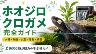 ホオジロクロガメ（Siebenrockiella crassicollis）飼育完全ガイド｜「微笑むカメ」と呼ばれる半水棲種の特徴・水槽・餌を徹底解説の要点を伝えるカメレオン・爬虫類記事アイキャッチ画像