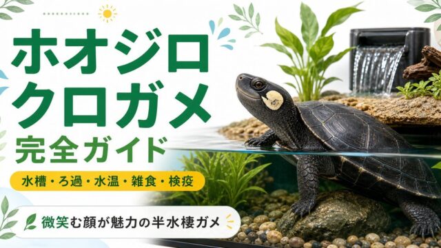 ホオジロクロガメ（Siebenrockiella crassicollis）飼育完全ガイド｜「微笑むカメ」と呼ばれる半水棲種の特徴・水槽・餌を徹底解説の要点を伝えるカメレオン・爬虫類記事アイキャッチ画像