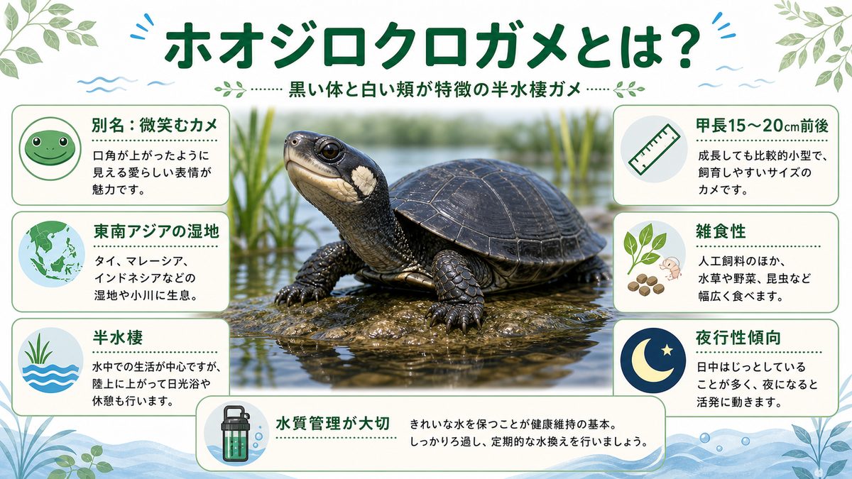 ホオジロクロガメとは(基本情報)の要点をまとめたカメレオン・爬虫類飼育インフォグラフィック