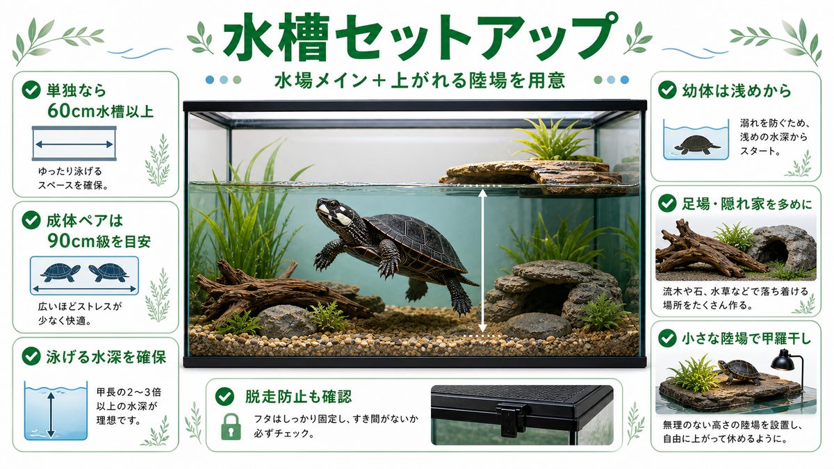 水槽(アクアリウム)のセットアップの要点をまとめたカメレオン・爬虫類飼育インフォグラフィック
