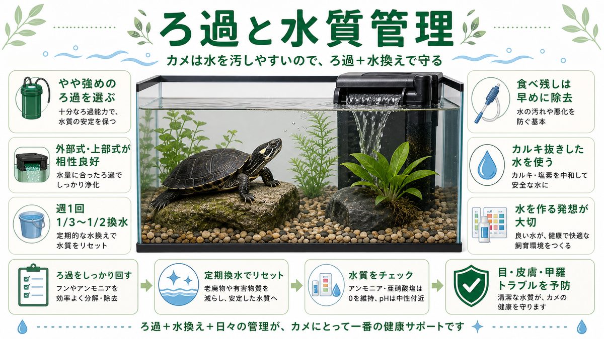 ろ過と水質管理の要点をまとめたカメレオン・爬虫類飼育インフォグラフィック