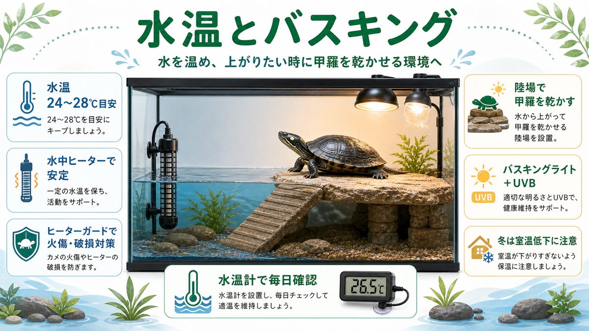バスキングと水温・保温の要点をまとめたカメレオン・爬虫類飼育インフォグラフィック