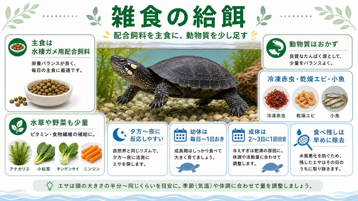 餌と給餌(雑食)の要点をまとめたカメレオン・爬虫類飼育インフォグラフィック