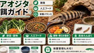 アオジタトカゲの餌・エサ完全ガイド！雑食の黄金比と人工フードの選び方の要点を伝えるカメレオン・爬虫類記事アイキャッチ画像