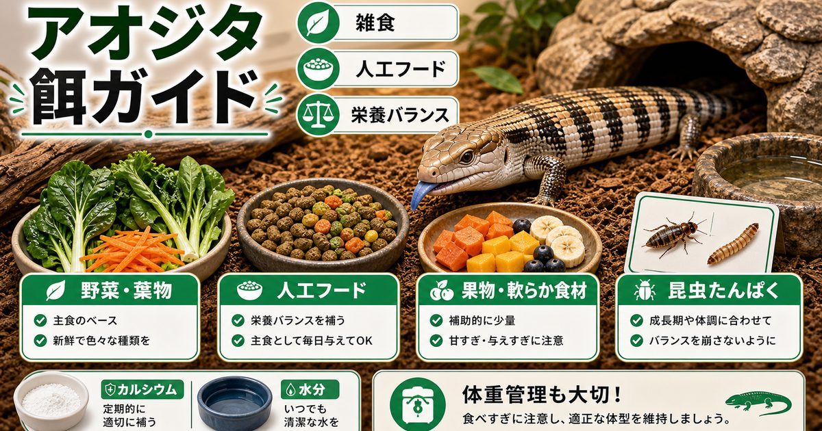 アオジタトカゲの餌・エサ完全ガイド！雑食の黄金比と人工フードの選び方の要点を伝えるカメレオン・爬虫類記事アイキャッチ画像