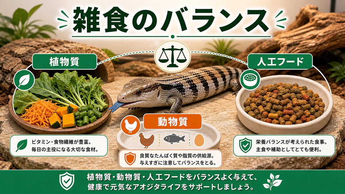 アオジタトカゲの食性と「雑食の黄金比」を理解するの要点をまとめたカメレオン・爬虫類飼育インフォグラフィック