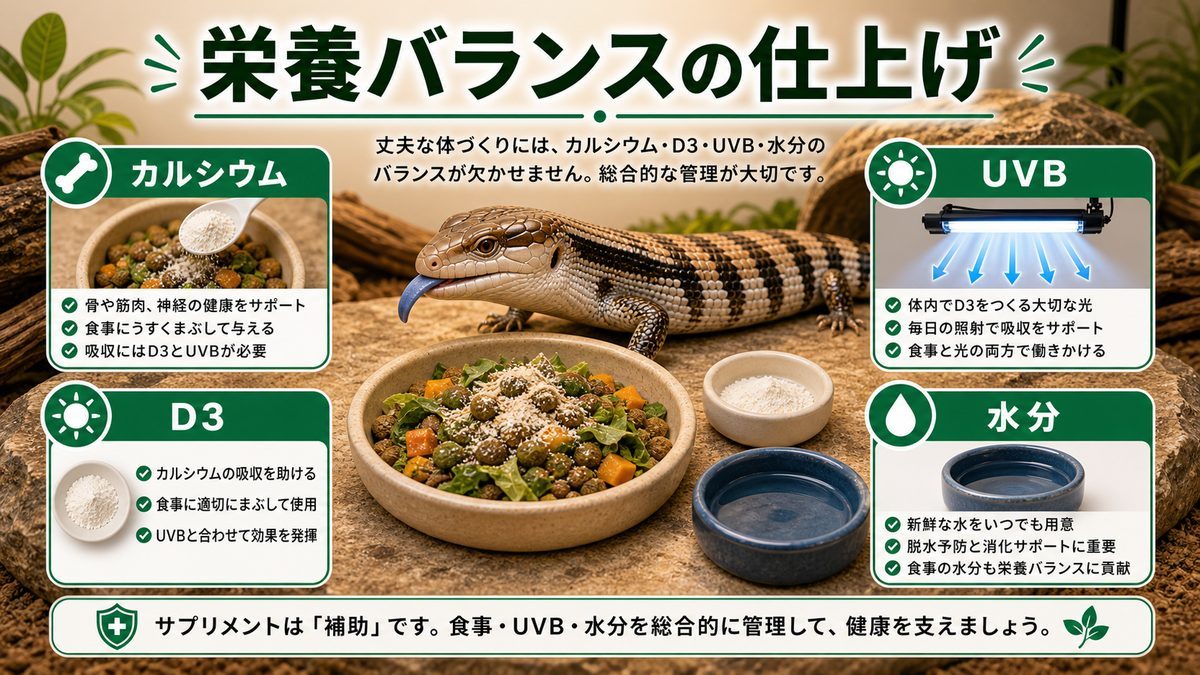 カルシウム・D3ダスティングと栄養バランスの仕上げの要点をまとめたカメレオン・爬虫類飼育インフォグラフィック